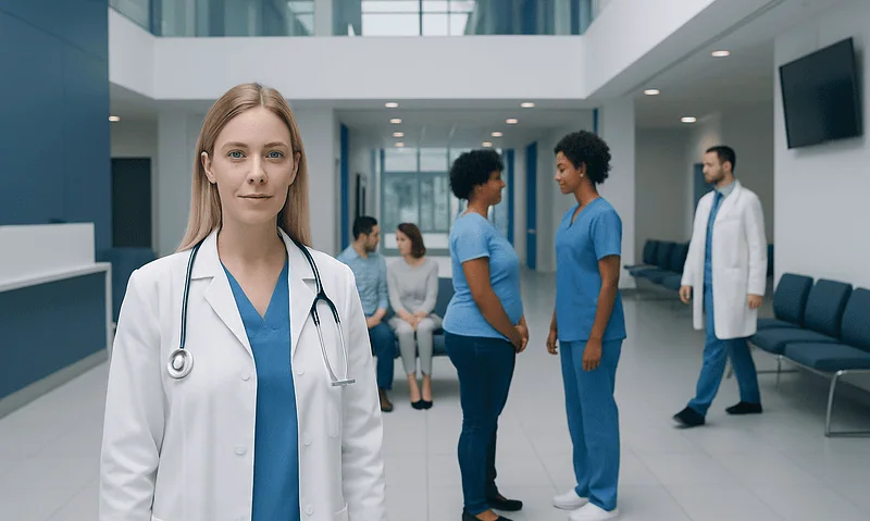 Medical professionals and patients in a modern hospital lobby.