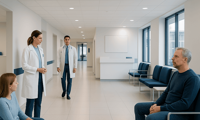 Doctors consulting with a patient in a modern hospital corridor.