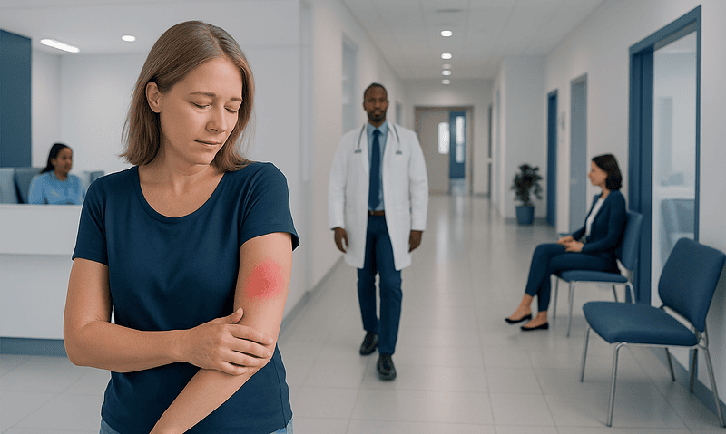 Patient with arm allergy in hospital corridor, seeking medical consultation.