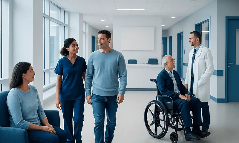 Hospital staff and patients in a modern healthcare facility corridor.