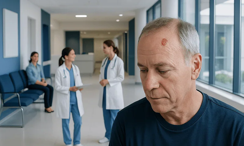 Older man with scalp lesion at hospital, healthcare professionals in background.