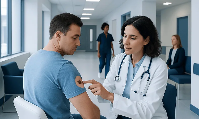 Skin Cancer Pictures: Diagnosis, Outlook, and Modern Treatment Approaches 12 Doctor applying a skin patch to a male patient's arm in a hospital corridor.