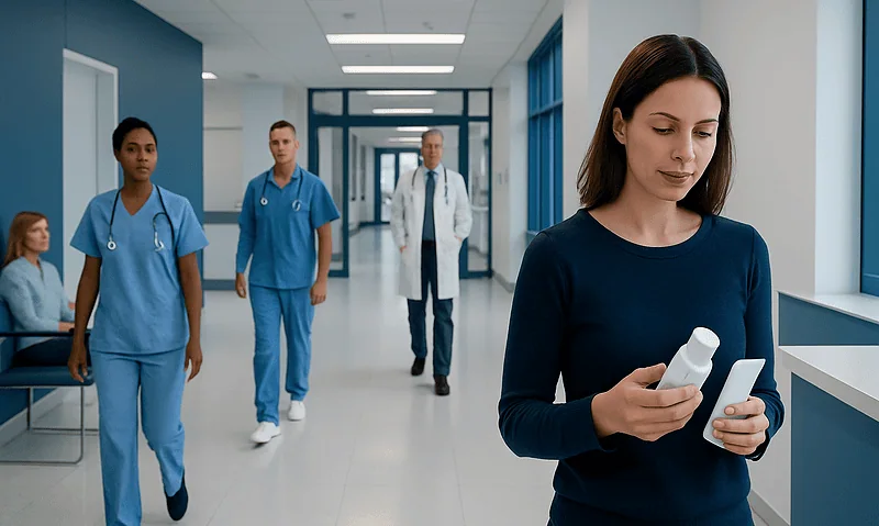 Female patient using a mobile device in hospital corridor with medical staff.