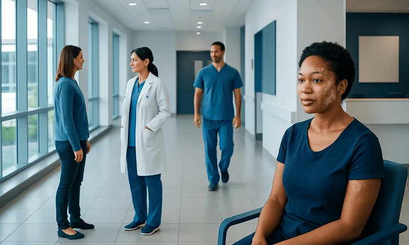 Patient waiting in hospital corridor with medical staff nearby.