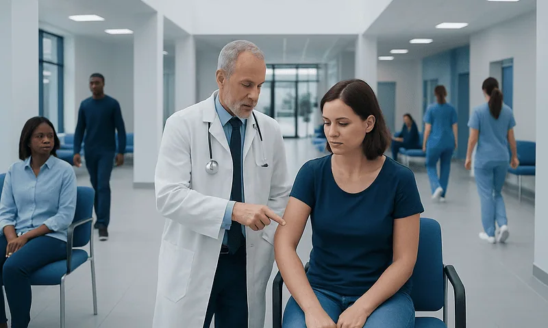 Doctor examining a patient's arm in a modern hospital corridor.