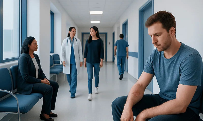 Young man with skin infection waiting in hospital corridor.