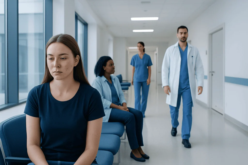 Skin Purging: A Complete Medical Overview 1 Young woman waiting in hospital corridor with medical staff nearby.