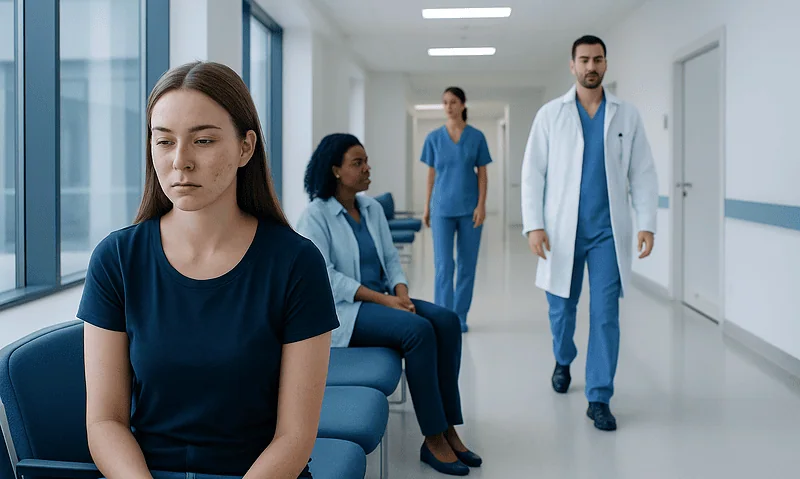 Young woman waiting in hospital corridor with medical staff nearby.