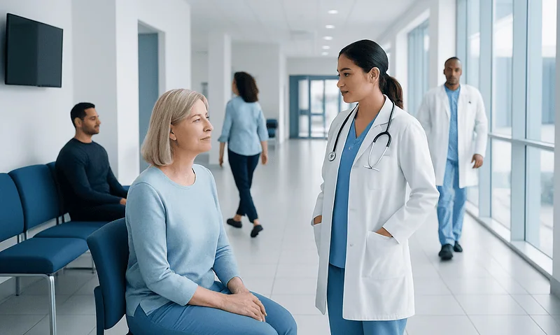 Doctor consulting with an elderly patient in a modern hospital corridor.