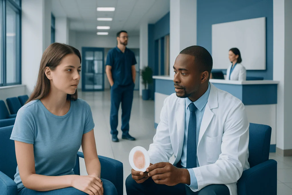Skin spots: A Complete Medical Guide for Patients 1 Dermatologist explaining skin spots to a patient in a clinic setting.