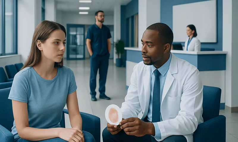Dermatologist explaining skin spots to a patient in a clinic setting.