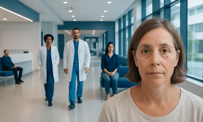 Medical team with a patient in a modern hospital corridor.