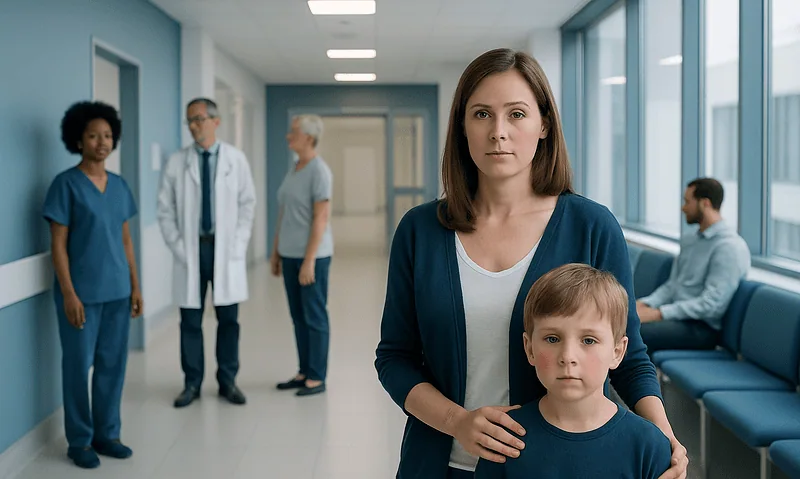 Child and mother in hospital corridor with medical staff in background.