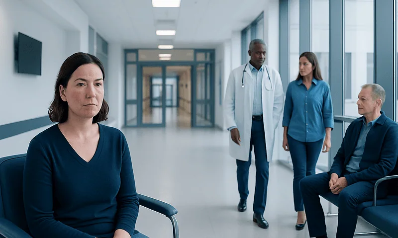 Patients waiting in a hospital corridor with medical staff nearby.