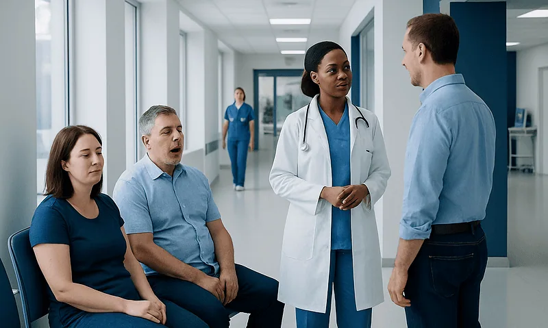 Doctor consulting with patients in a hospital corridor.