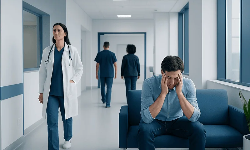 Patient experiencing stress in hospital corridor with medical staff nearby.