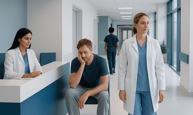 Patient waiting in hospital corridor with medical staff nearby.
