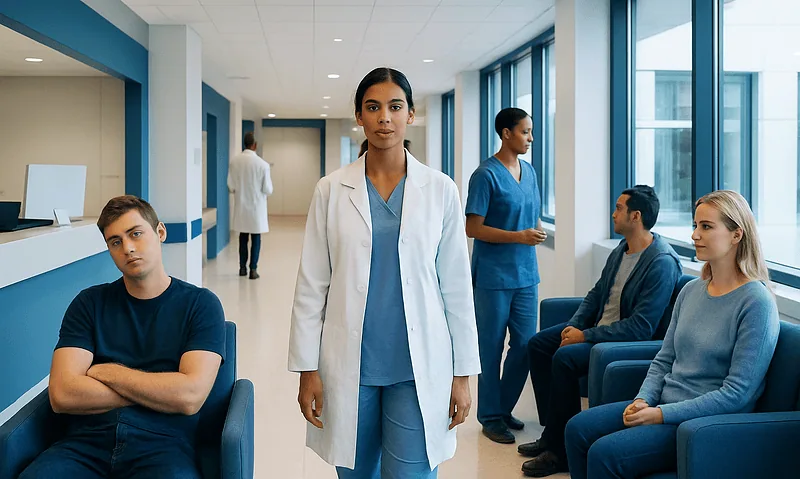 Healthcare professionals and patients in a hospital waiting area.