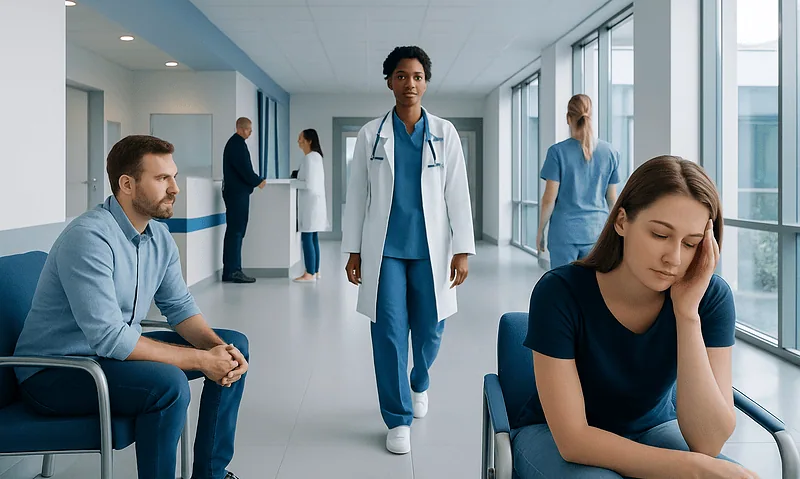 Patients waiting in a hospital corridor with a healthcare professional walking by.