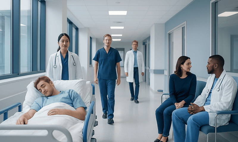 Hospital corridor with patients and medical staff in a modern healthcare facility.
