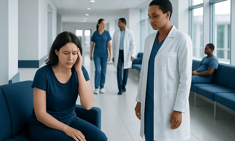 Patient experiencing headache in hospital corridor with medical staff nearby.