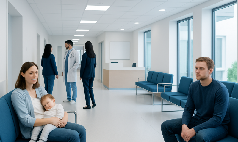 Hospital waiting area with patients and medical staff in a modern clinic.