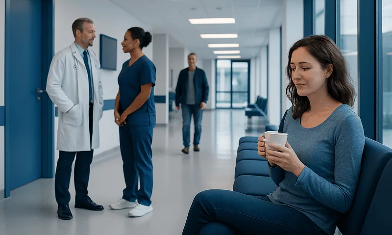 Patient waiting in hospital corridor with medical staff and visitor present.