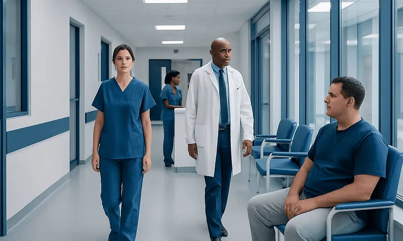 Medical professionals consulting a patient in a hospital corridor.