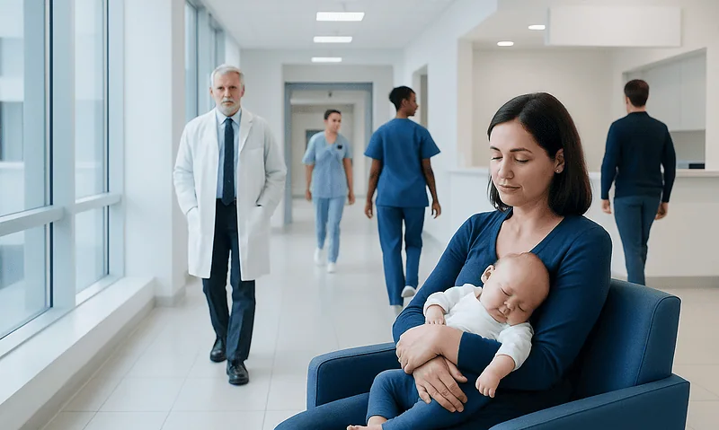 Mother holding sleeping baby in hospital corridor with medical staff in background.