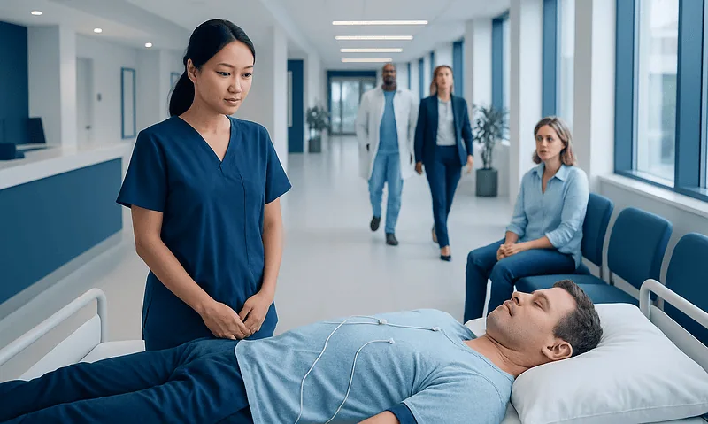 Nurse monitoring patient in hospital corridor with visitors nearby.