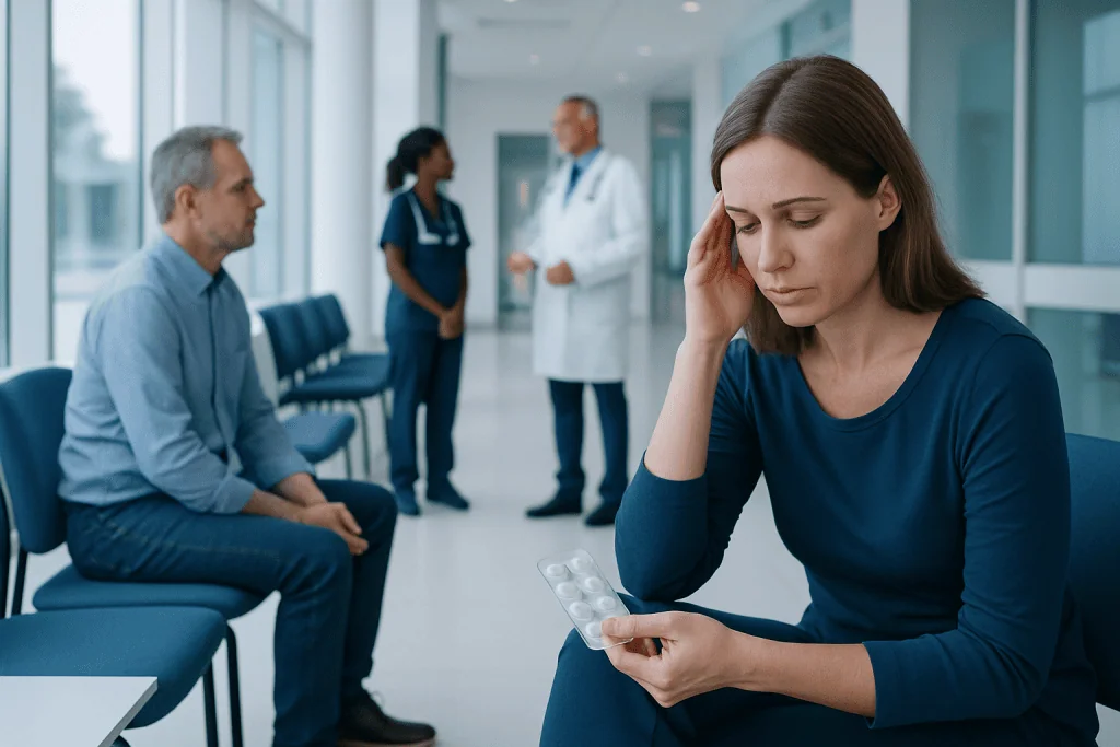 Sleeping Pills: What Patients Need to Know 1 Woman worried about sleeping pills in a hospital waiting area.