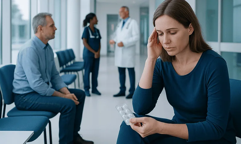 Woman worried about sleeping pills in a hospital waiting area.