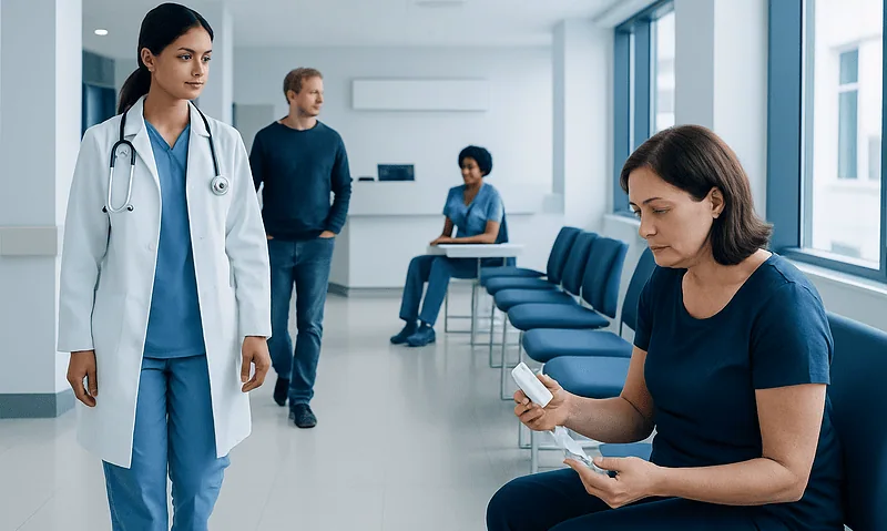 Doctor and patient in a hospital waiting area with other patients.