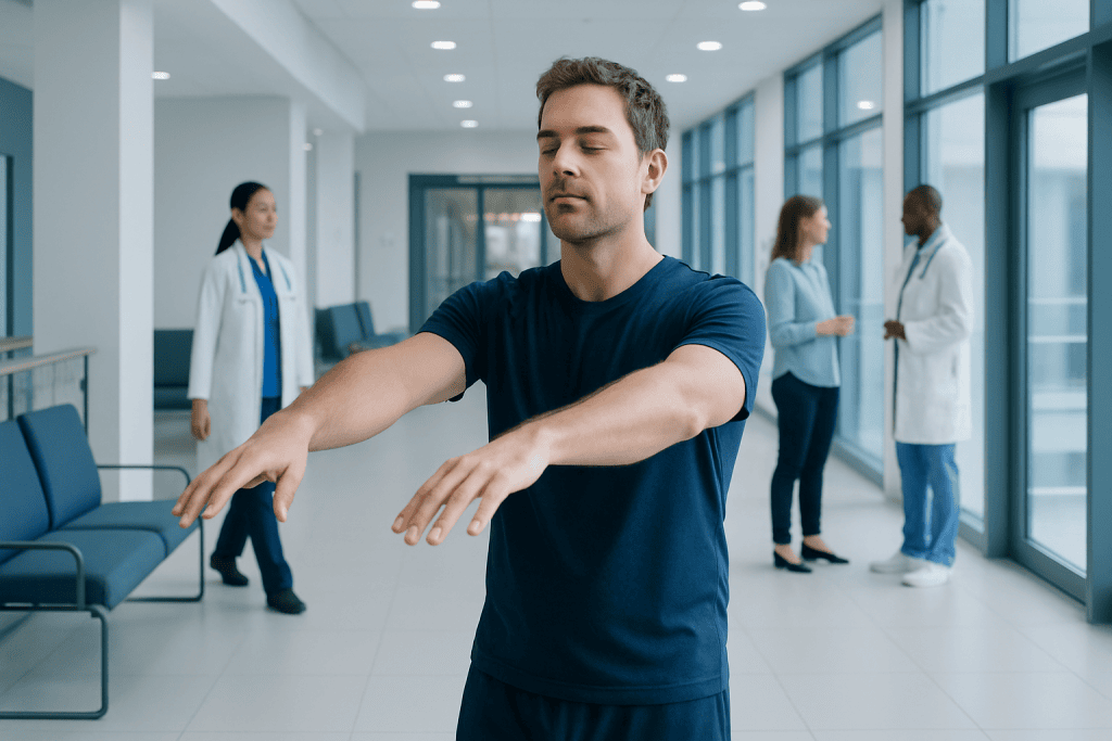 Sleepwalking in Adults: When a Neurological Sleep Evaluation Is Needed 1 Young man performing a stretching exercise in a hospital corridor.