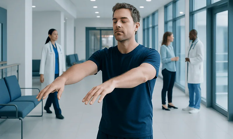Young man performing a stretching exercise in a hospital corridor.