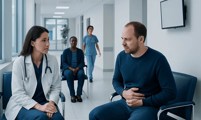 Doctor consulting a patient in a hospital corridor with medical staff in background.