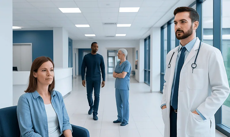 Medical consultation in a modern hospital corridor with doctors and patient.