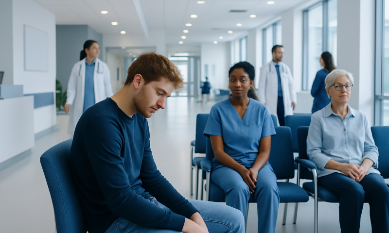 Young man in a medical waiting room feeling stressed or anxious.