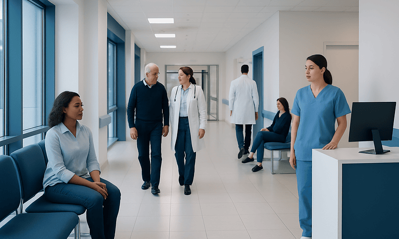 Hospital corridor with medical staff and patients in a modern healthcare facility.