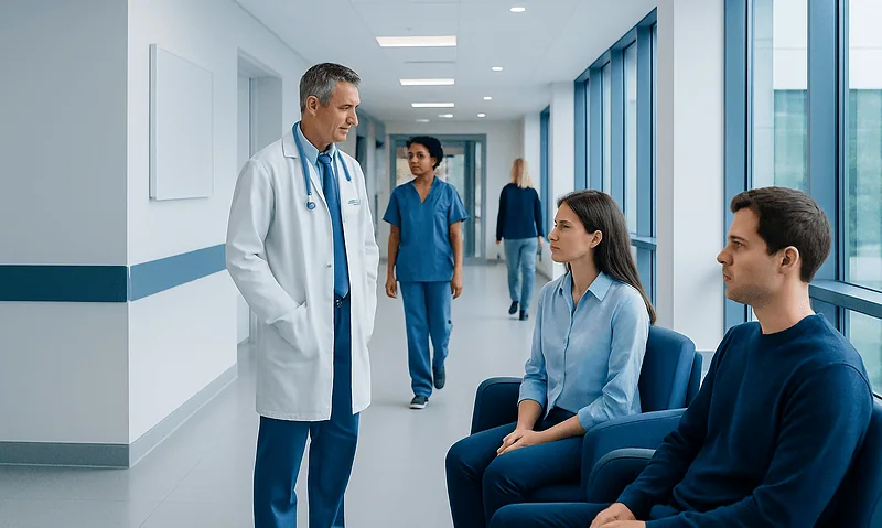Doctor consulting with patients in a modern hospital corridor.
