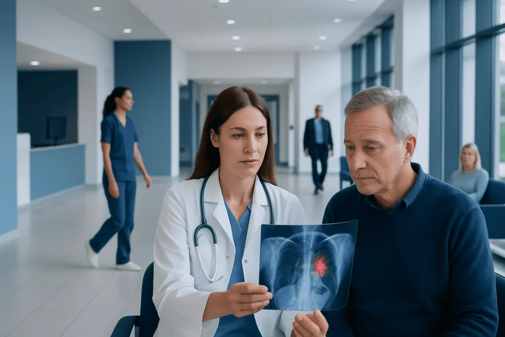Small Carcinoma of the Lung: Early Signs, Risk Factors, and How It Is Treated 1 Doctor reviewing lung X-ray with patient in hospital corridor.