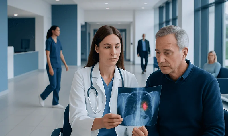 Doctor reviewing lung X-ray with patient in hospital corridor.