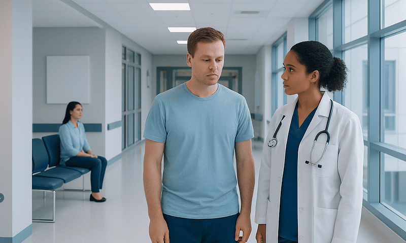 Patient consulting with doctor in hospital corridor.