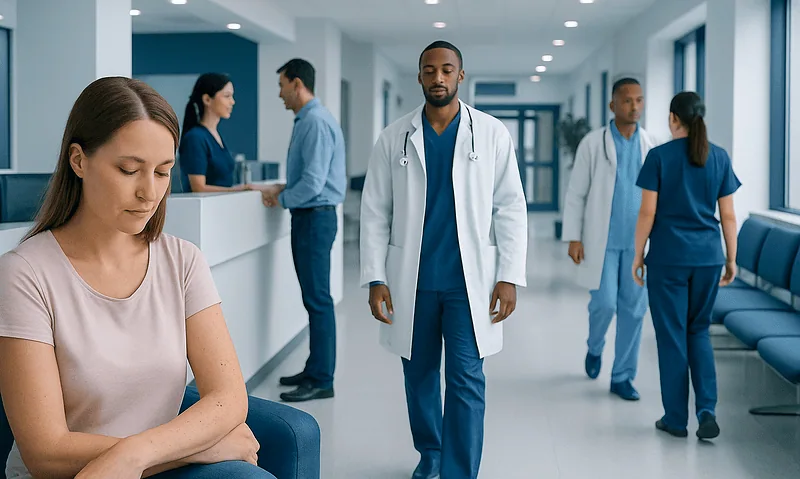 Medical team in hospital corridor with patient waiting area.