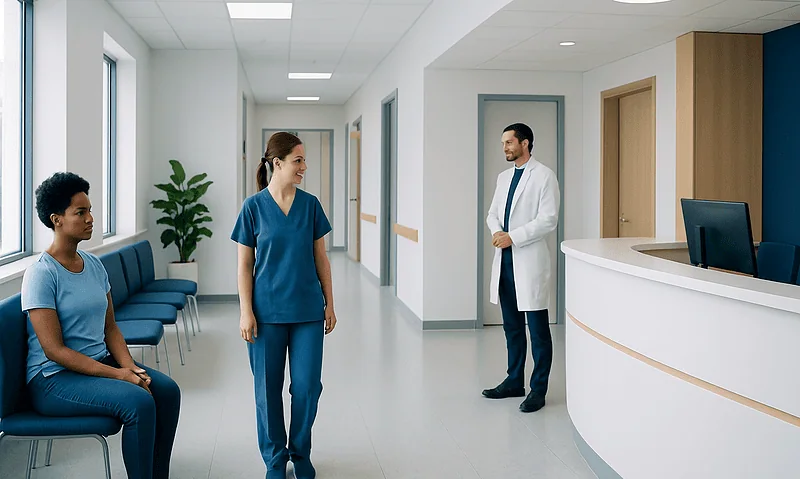Healthcare professionals and patient in hospital corridor at Acibadem Hospitals Group.