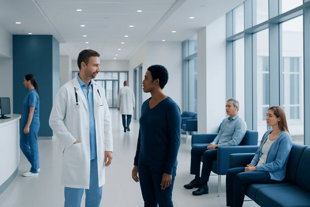 Small vessel disease: Symptoms, Causes, and Treatment — Complete Patient Guide 1 Doctor talking to patient in hospital corridor with waiting area.