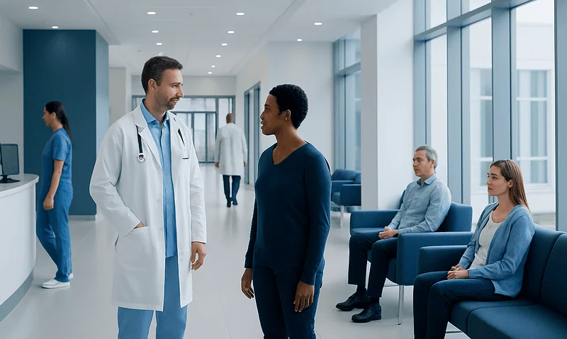 Doctor talking to patient in hospital corridor with waiting area.