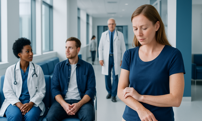 Woman with skin concern in a hospital waiting area with doctors and patients.