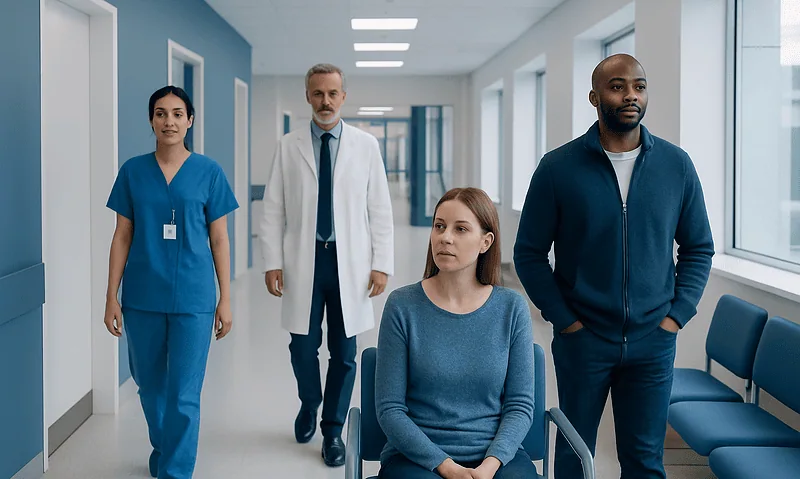Medical team walking in hospital corridor with patient in wheelchair.