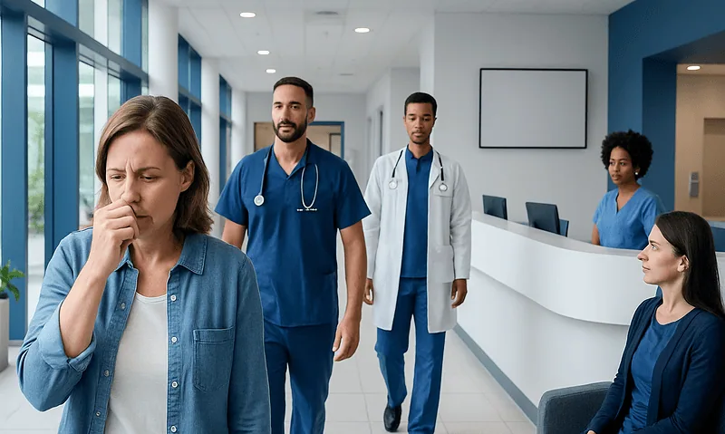 Patient smelling burnt toast in hospital corridor with medical staff nearby.
